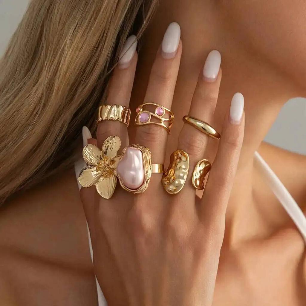 Salircon 6Pcs/Set Exquisite Inlaid Rhinestones Flower Opening Rings Women Pink Imitation Pearl Stackable Knuckle Ring Jewelry