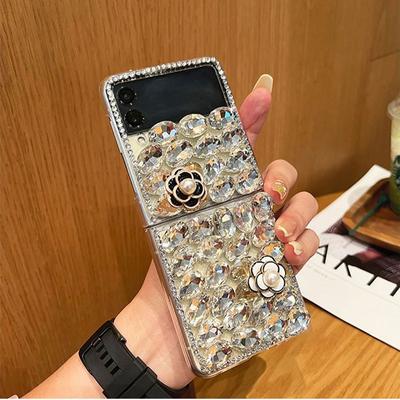 Luxury Bling Diamond Rhinestone Crystal Phone Case for Samsung Galaxy Z Flip 5 4 3 DIY Pearl Camellia Clear Hard PC Back Cover