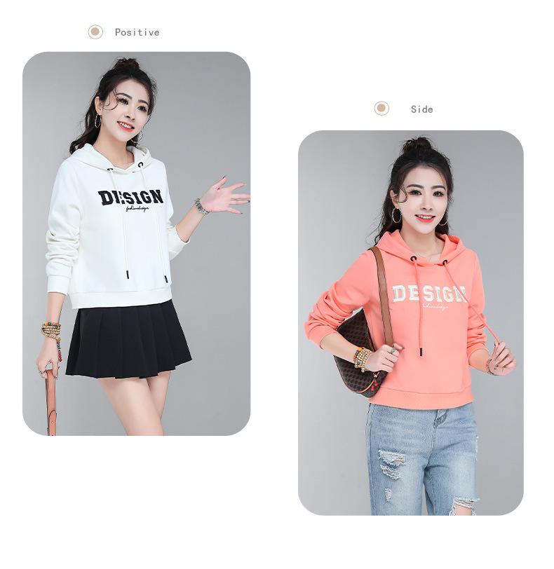 Women's Red Hooded Slimming Sweatshirt with Letter Embroidery - 2026 Autumn Collection, Long Sleeve Short Pullover