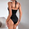 European & American Hot Style: Sheer Hollow-Out Halter Tie-Up Patchwork Jumpsuit