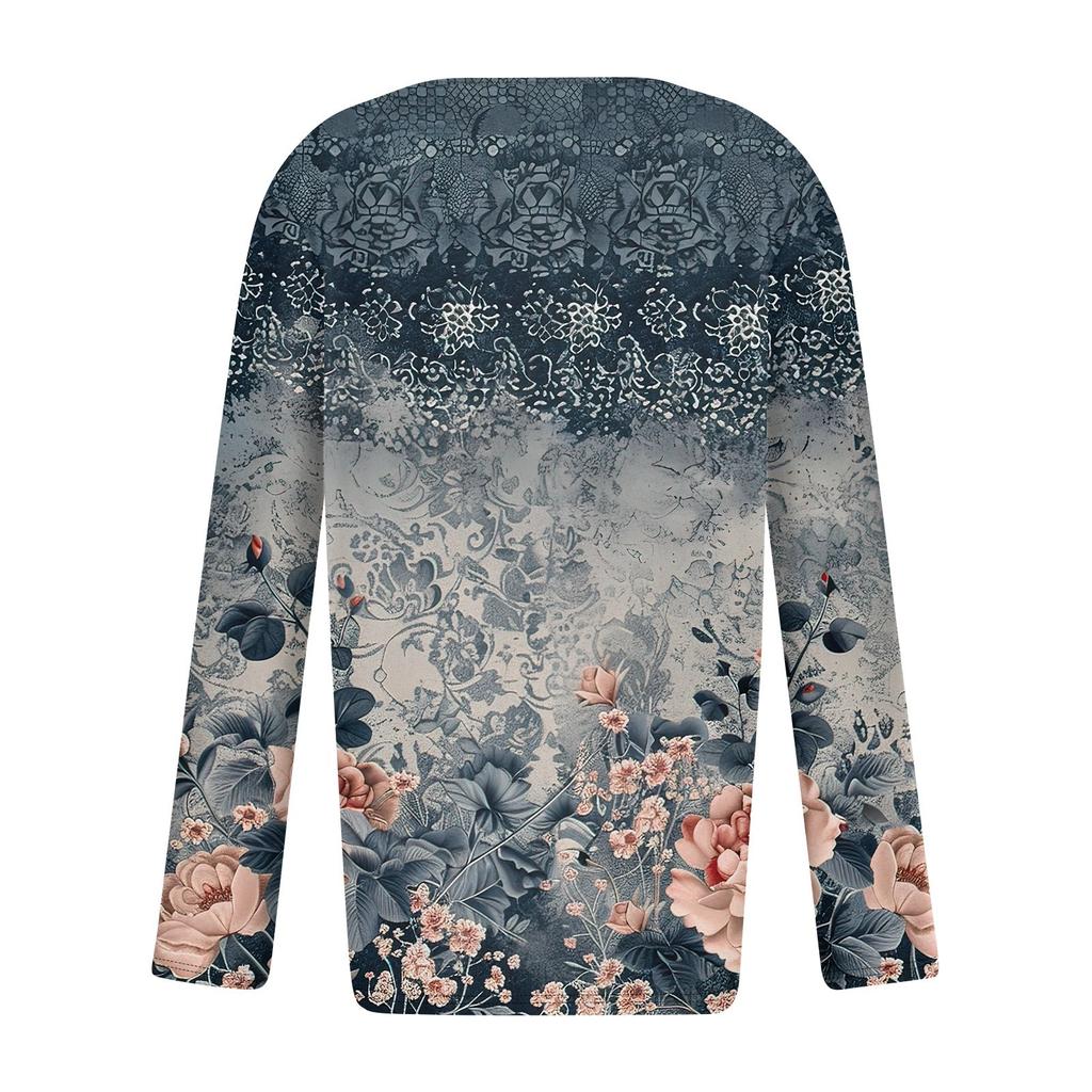Women's Fashion Casual V Neck Long Sleeve Shirt Loose Button Print Casual T-Shirt Top