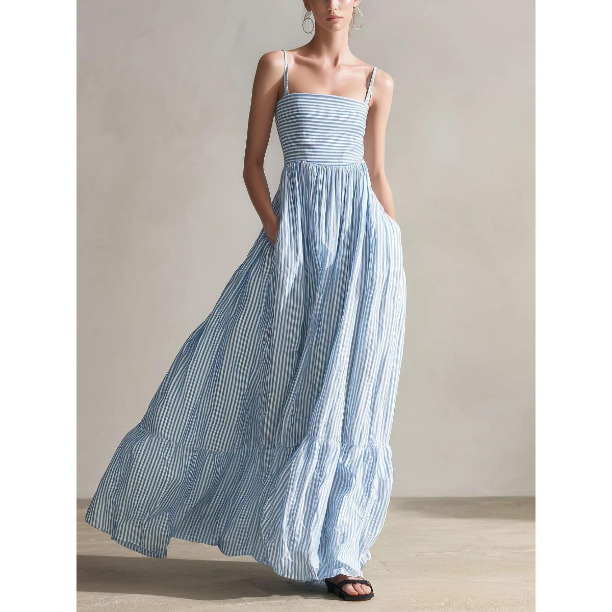 New Summer Women s Casual Striped Woven Sleeveless Spaghetti Strap Long Maxi Dress S синий