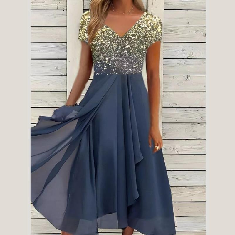 Moda damă vară primăvară culoare uni imprimeu mâneci scurte cu decolteu în V talie înaltă rochii casual