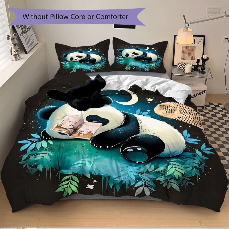 3pcs Moonlit Night Panda Bedding Set - Includes Quilt Cover and Pillowcases, Suitable for All Seasons, Machine Washable - Ideal Gift for Fam
