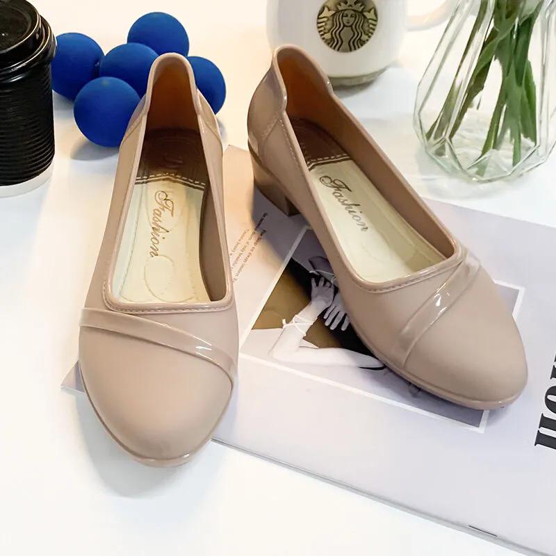 

WTEMPO женские водонепроницаемые нескользящие рабочие туфли из ПВХ с мягким толстым каблуком, большие размеры, однотонные, повседневные туфли с неглубоким носком 36 хаки