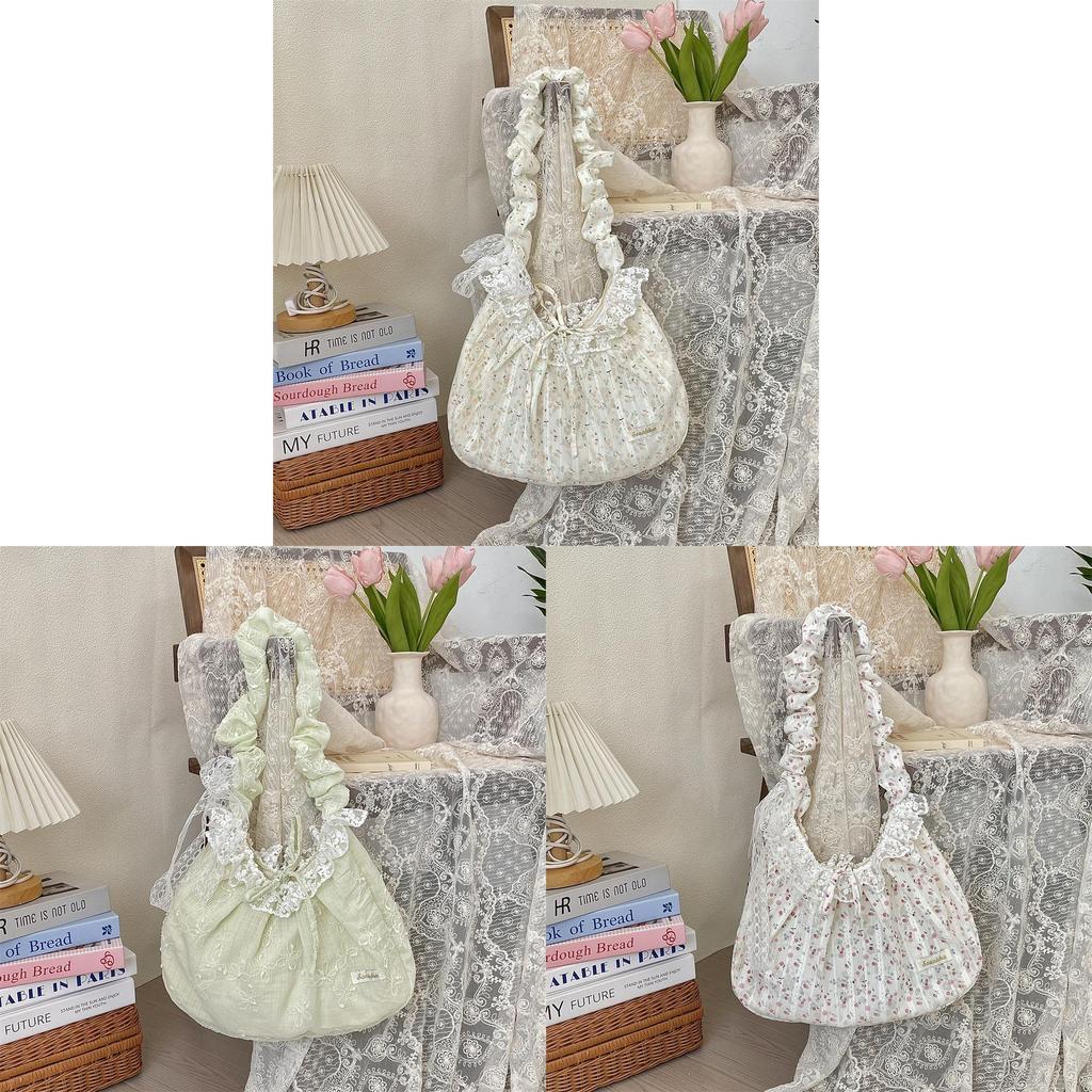 Polyester Lace Floral Shoulder Bag With Ruffled Straps And Bow For Daily Use