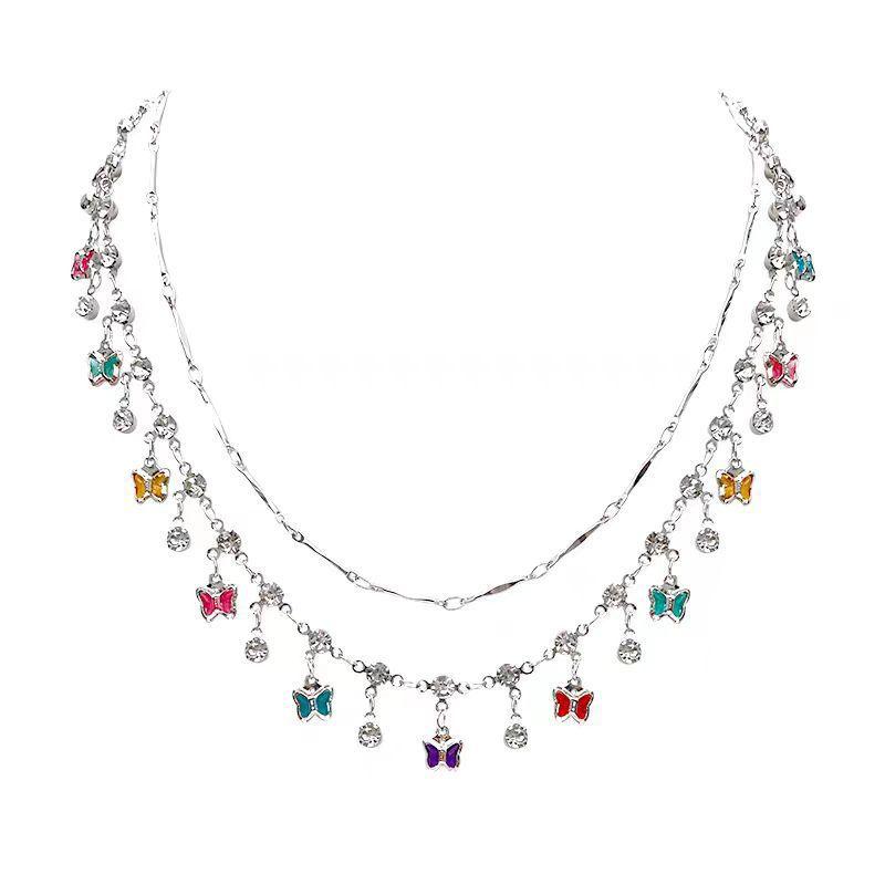 Dopamine atmosphere~ Stacked butterfly choker neck chain colored necklace women's 2024 new accessories collarbone chain