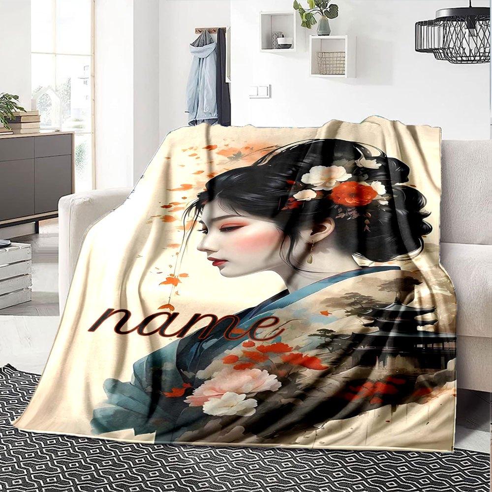 Autumn Kimono Elegance Lightweight Personalized Blanket Customize Text Warmthful Decor For Sofa Couch Office Bed Picnics Ideal For All Seasons Cozy