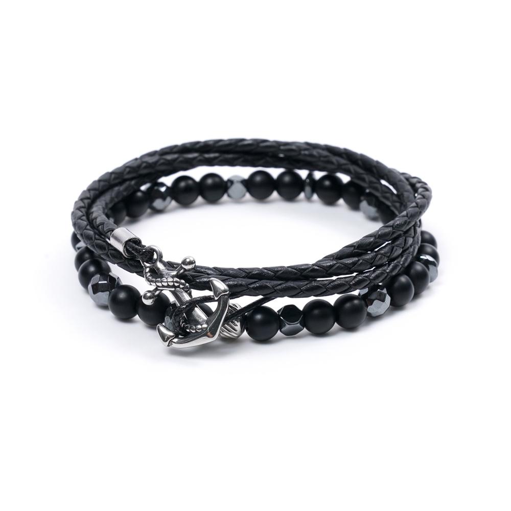 Jbans Classic 6Mm Black Mix Gemstone 737 Surgical Anchor Leather 738Bk Bracelet Set (C2101-Se180_Bk)