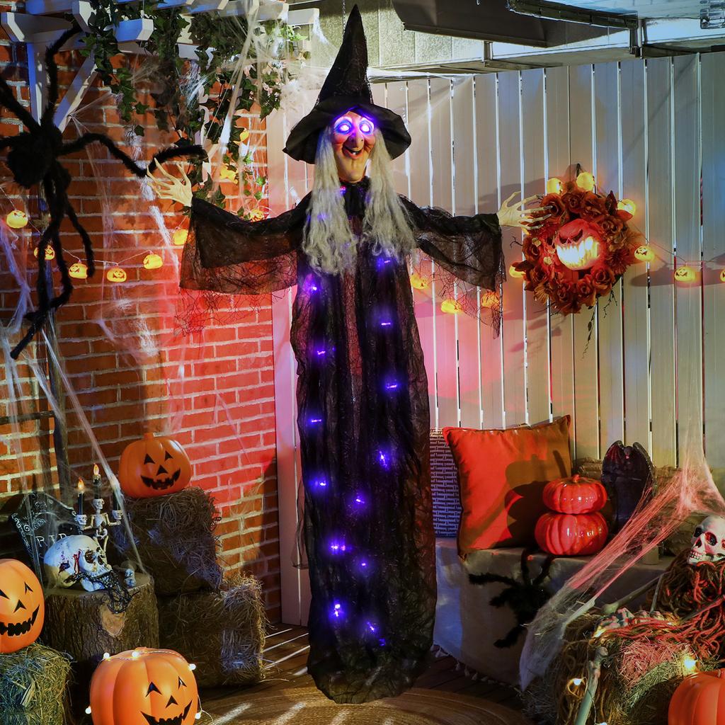 183 cm Life Size Halloween Animated Hanging Witch with Glowing LED Eyes & Body, Spooky Witch Scary Halloween Decorations, Battery Operated