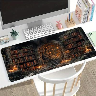 A Large Gaming Mouse Pad Featuring A Fantasy Design Of A Candlelit Cave Library With A Nonslip Washable Rubber Base