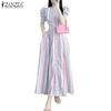 ZANZEA Women Casual Round Neck Short Sleeve Stripe Long Dress