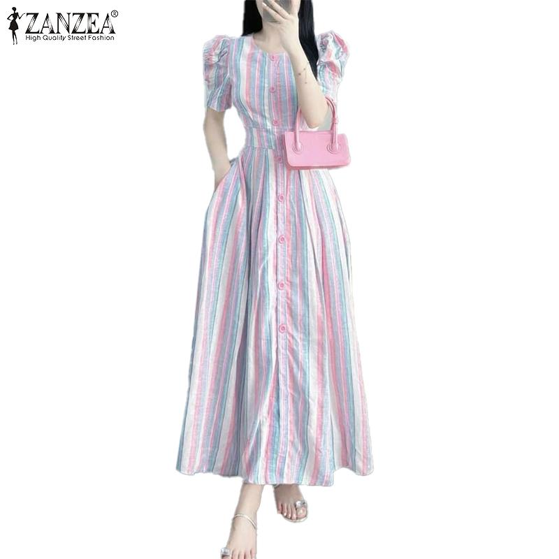 

ZANZEA Women Casual Round Neck Short Sleeve Stripe Long Dress S рожевий