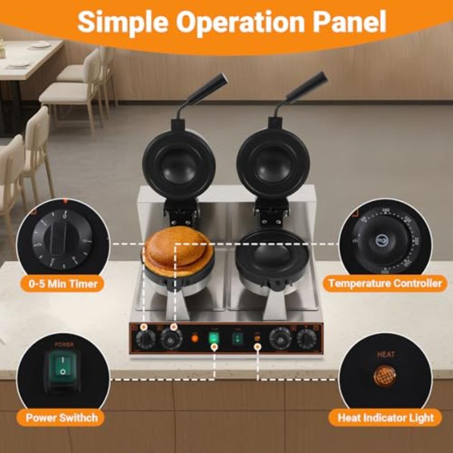 Commercial Electric Double-head Ice Cream Burger Machine 2400W 50-300 Temp Control Stainless Steel Waffle Sandwich Panini Press