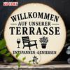 D Flat Metal Sign Retro Vintage German Welcome Tin Sign Willkommen Auf Unserer Terrasse Entspannen Geniessen Outdoor Patio