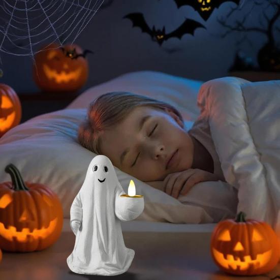 Halloweenská figurka duch Bílý duch držící dýni Kočka Strašidelná pryskyřičná ozdoba Rytá Halloweenská dekorace