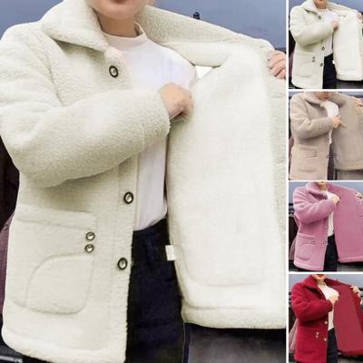 Winter Fleece Coat Thickened Single-breasted with Side Pockets Turn-down Collar Coldproof Solid Color Long Sleeves Outwear Jacket
