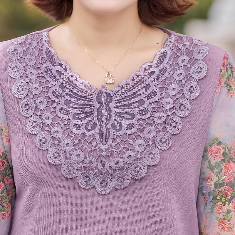 Mom's Spring Chic Chiffon Sleeve Top: Long Sleeve T-shirt for Middle-Aged & Elderly Women