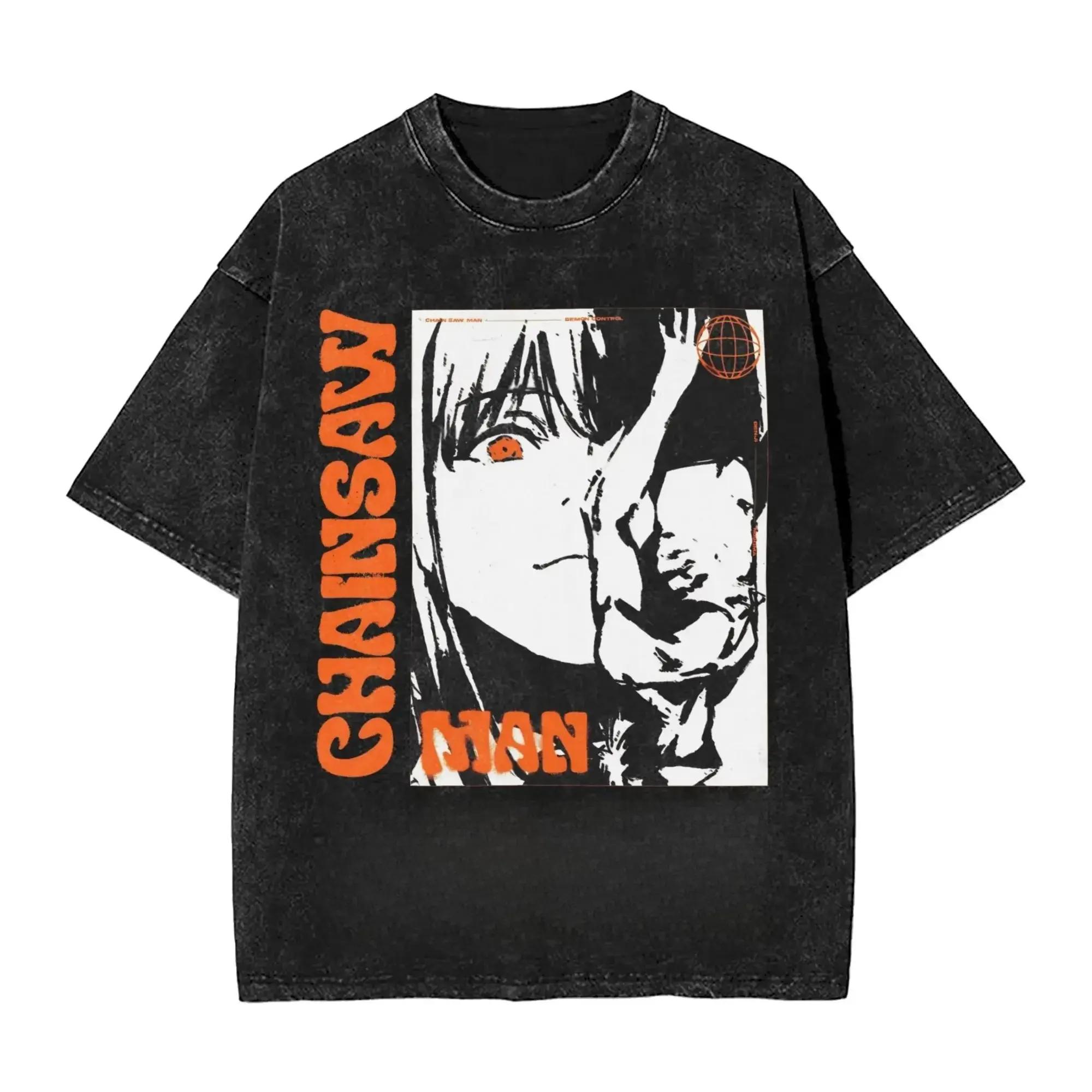 

Japanese Anime Chainsaw Man Tshirt Makima Printed T-shirt Washed Men s Unisex Clothing Short Sleeve Pure Cotton Tees Shirt Tops XXL чорний