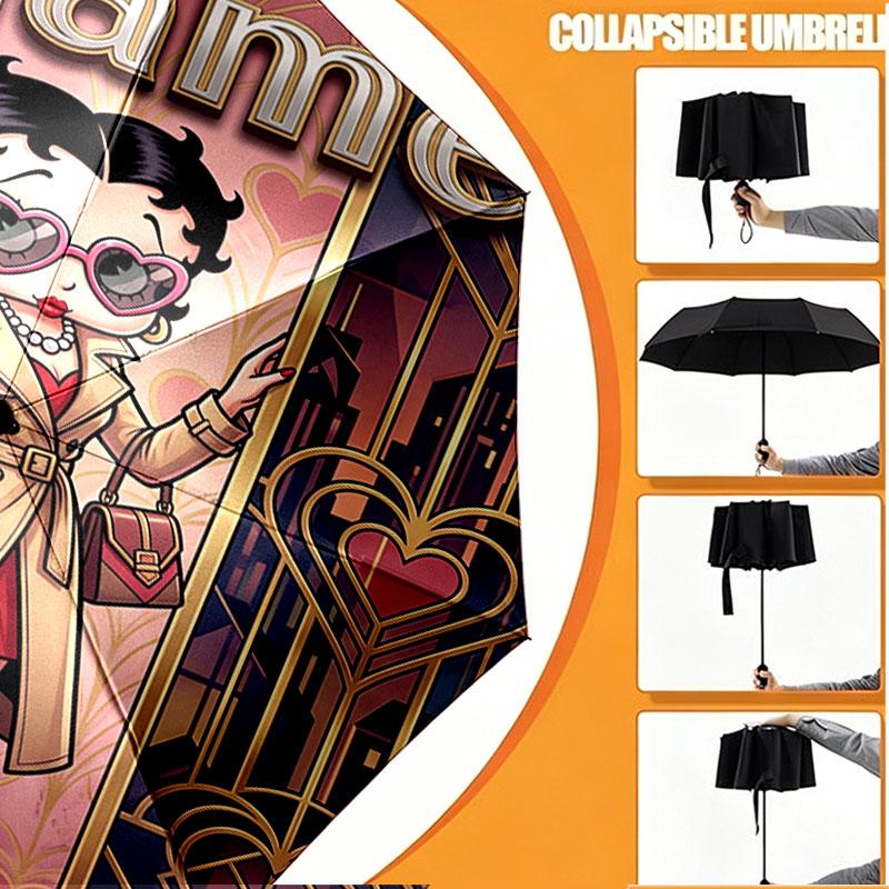 Spersonalizowany Parasol z Nadrukiem Betty Boop z Imieniem, Automatyczne Otwieranie i Zamykanie, Wytrzymały Stelaż z 8 Żebrami, do Codziennego Użytku, na Kemping i Piesze Wycieczki, Prezent Urodzinowy