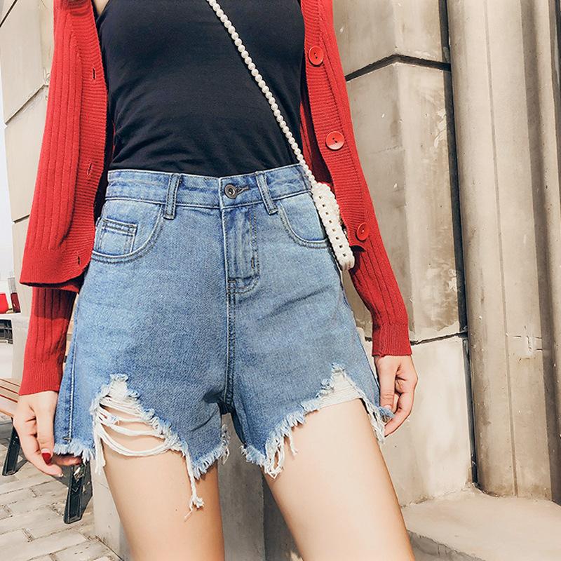 Genç Skinny Moda ve Çok Yönlü Denim Şort Kadın Bol Yazlık İnce Kesim Büyük Beden Yüksek Bel İnce A Kesim Geniş Paça Yırtık Pantolon