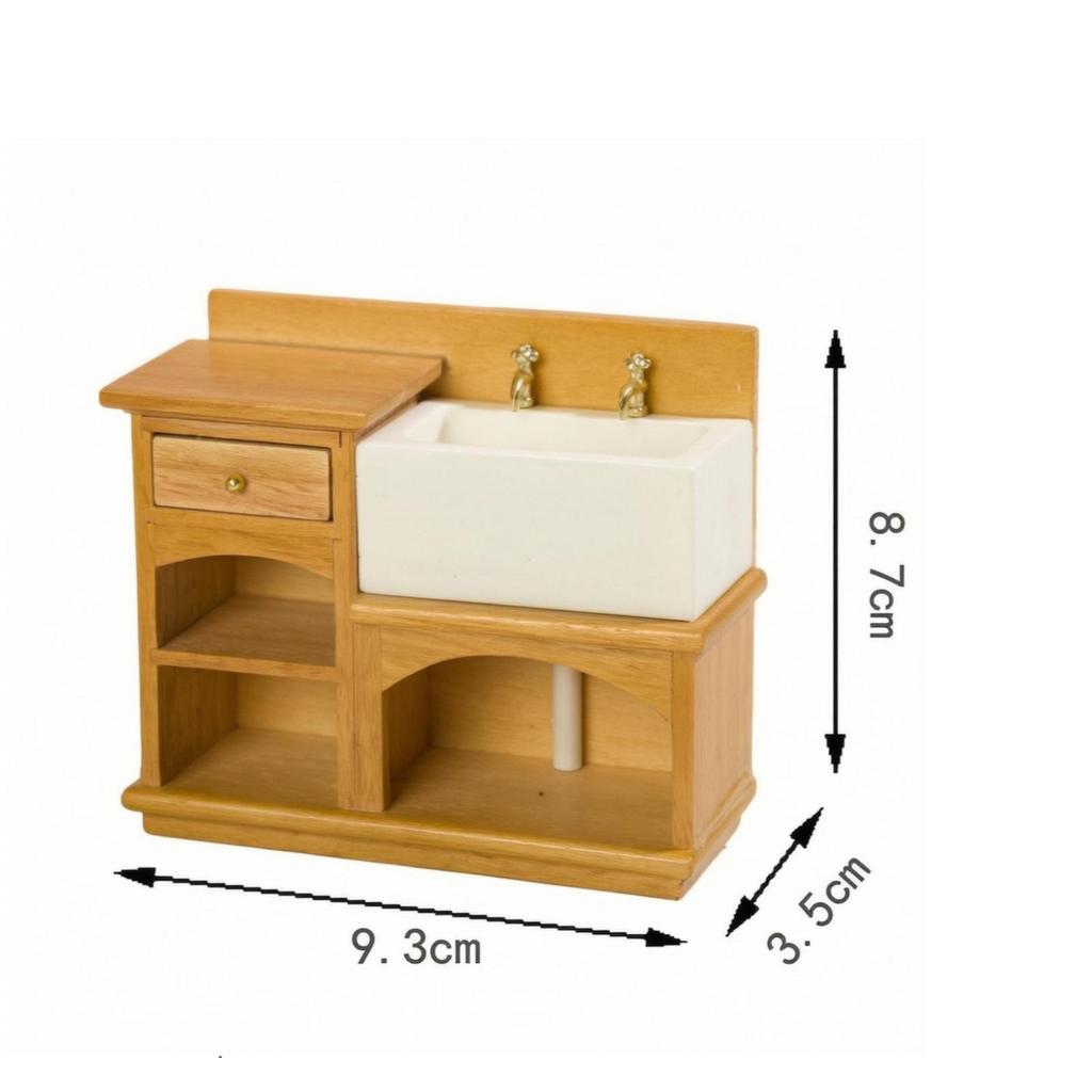 1:12 Scale Wooden Vanity with Sink Wood Finish Miniature Drawer and Shelving Realistic