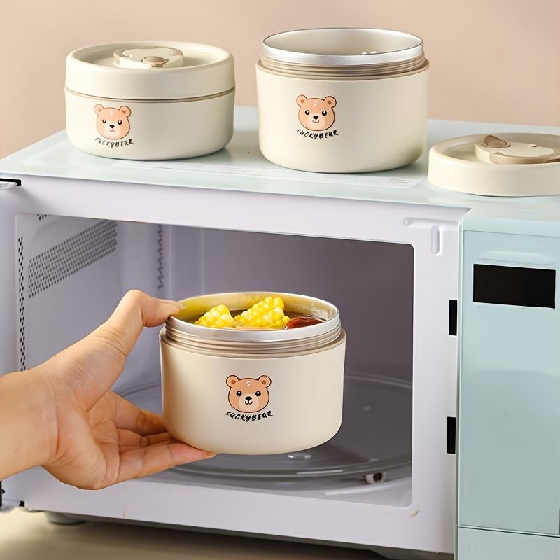 Cute Bear Pattern Stainless Steel Insulated Lunch Box, microwave-safe, multi-layer sealed portable bento box for students and office workers.