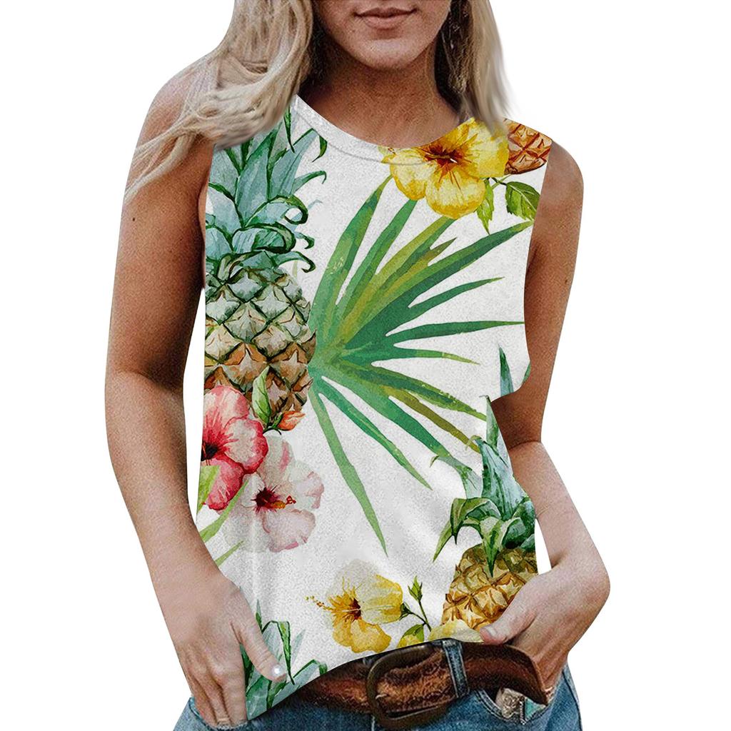 Damen Rundhals Lässig Ärmellos X Hawaiianisch Bedrucktes Westen-T-Shirt Top