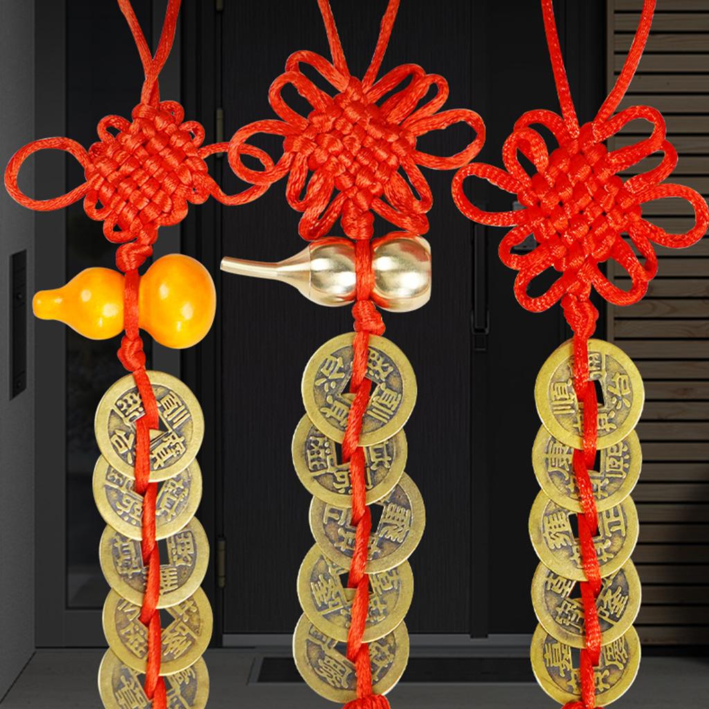 Genuine Copper Five Emperor Coins Feng Shui Hanging Ornament, Handmade Red String Door to Door Evil Protection Home Car