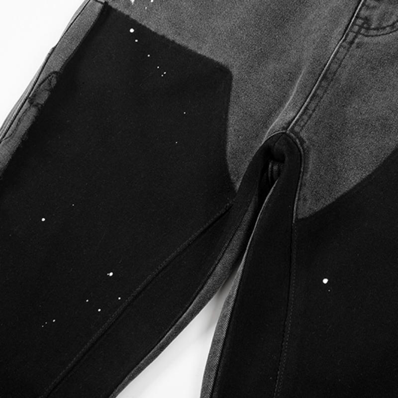 Pantalones vaqueros de calle para hombre, ropa de tendencia, pantalones vaqueros holgados con manchas de tinta en color, pantalones vaqueros con parches y flecos, pantalones holgados con cuernos