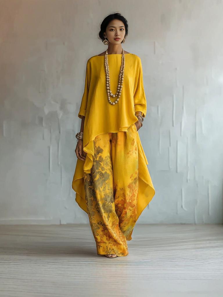 1116 new European and American style printing wide-leg pants set women's loose asymmetrical top two-piece set fashionable and casual cross