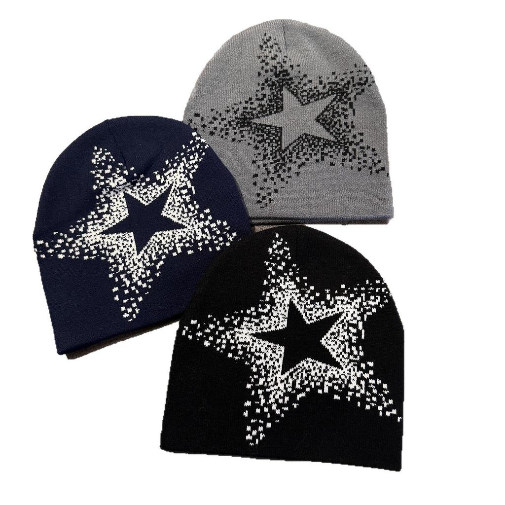 Low MOQ Cuffless Jacquard Acrylic Beanie All Print Y2K Street Hip-hop Fashion Star Pattern Custom Logo Embroidery Travel