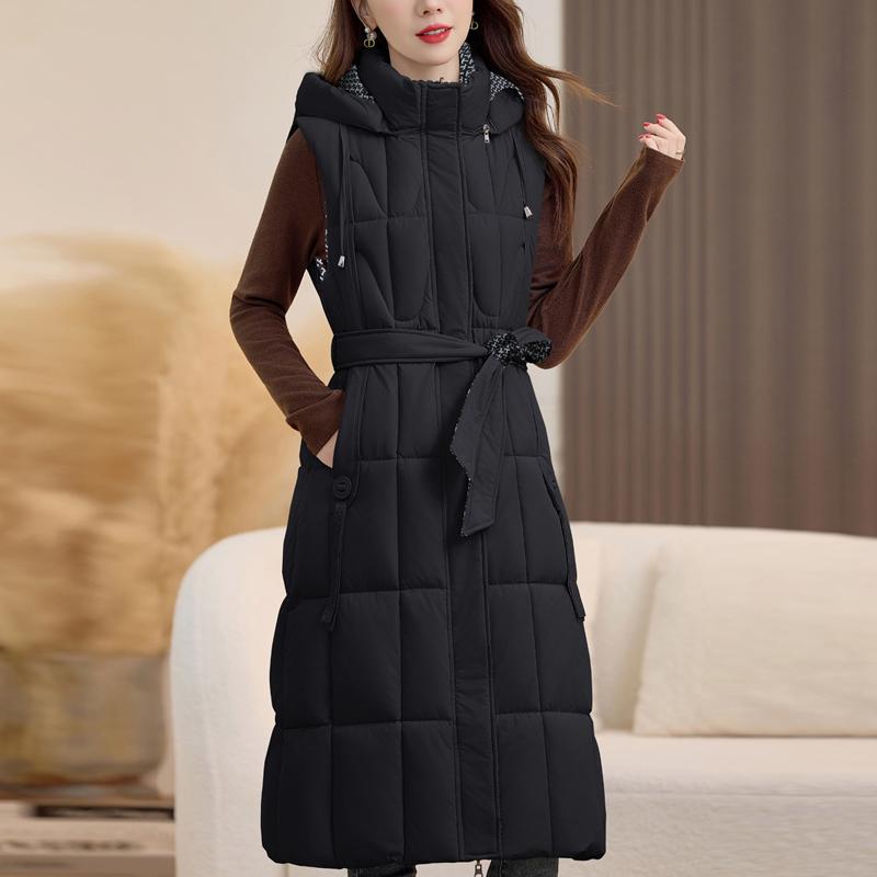 Fashion Winter Women's Long Warm Vest Hooded Can Be Worn On Both Sides Thick Sleeveless Jackets Woman Coat With Belt