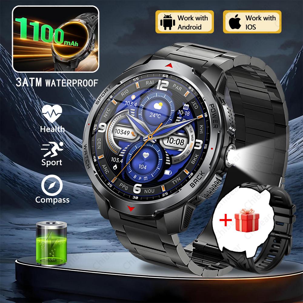 New 1100mAh Large Battery Smart Watch Men Compass LED Flashlight 3ATM Waterproof Bluetooth Call Heart Rate Sports Smartwatch