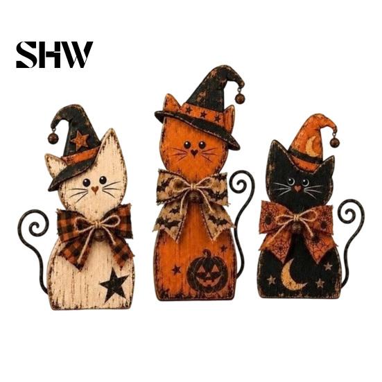 Rustic Autumn Table Decor 3Pcs Wooden Halloween Cat Tabletop Decor, Farmhouse Black Figurine Handmade Festive Crafts with Witch Hat, Fall Mantel