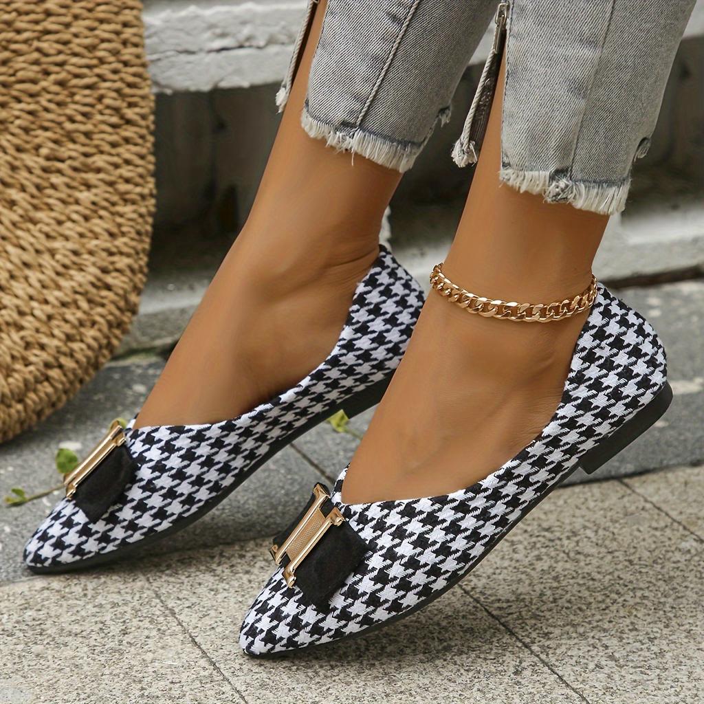 Women's Houndstooth Pattern Comfy Flats, Buckle Decor Shallow Mouth Soft Sole Shoes, Lightweight Point Toe Shoes