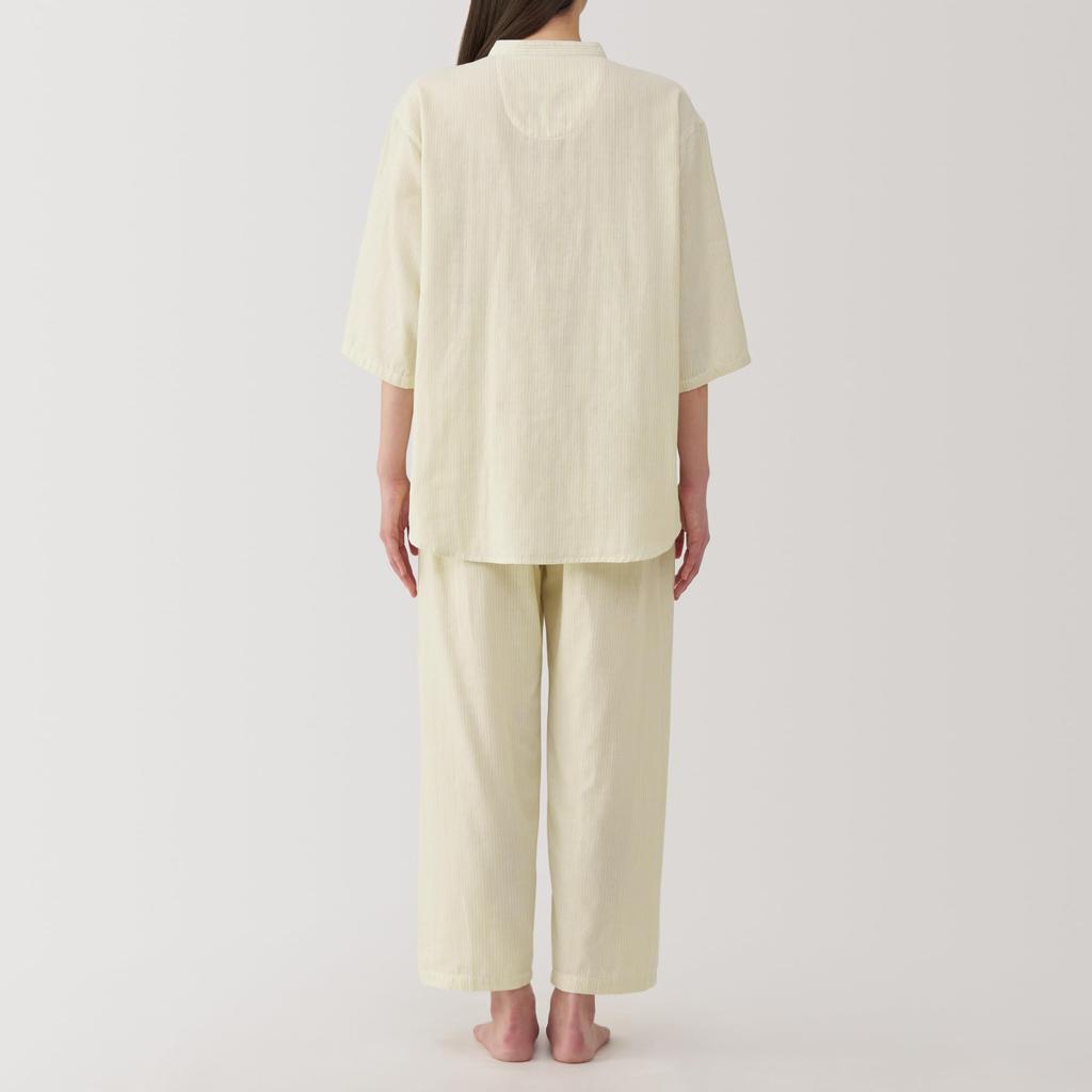 MUJI Seamless Thin Gauze Sleeve Light Yellow Size FD1L7A5S Women's 3/4 Pajamas, Stripe, XS,