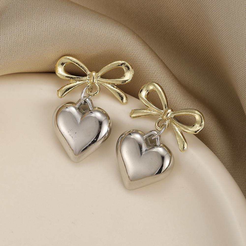 Elegant French Style Heart Pendant Earrings For Women With Alloy Bowknot Design