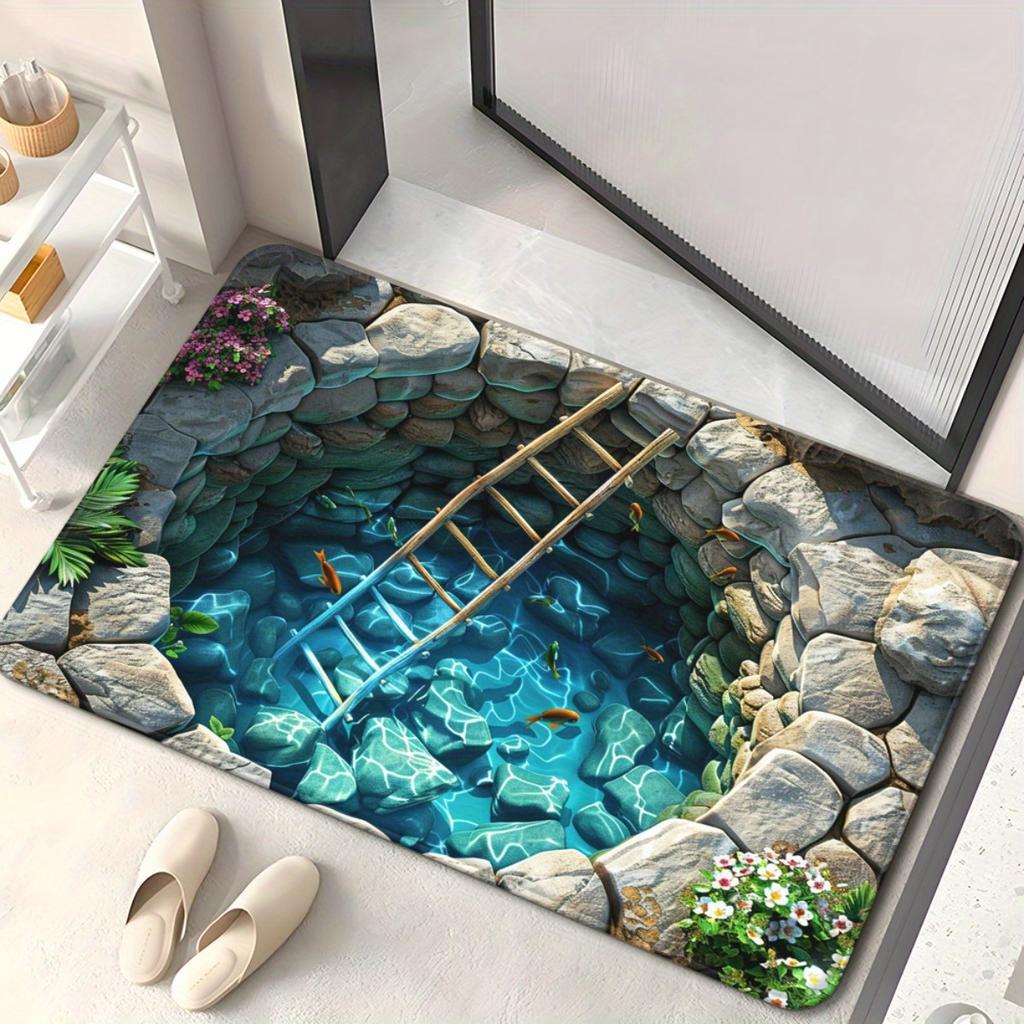 3D Fish Pond Rug for Relaxing Spaces | Stone Pathway Carpet with Ladder Design | Zen Garden Decor Skid resistant carpet
