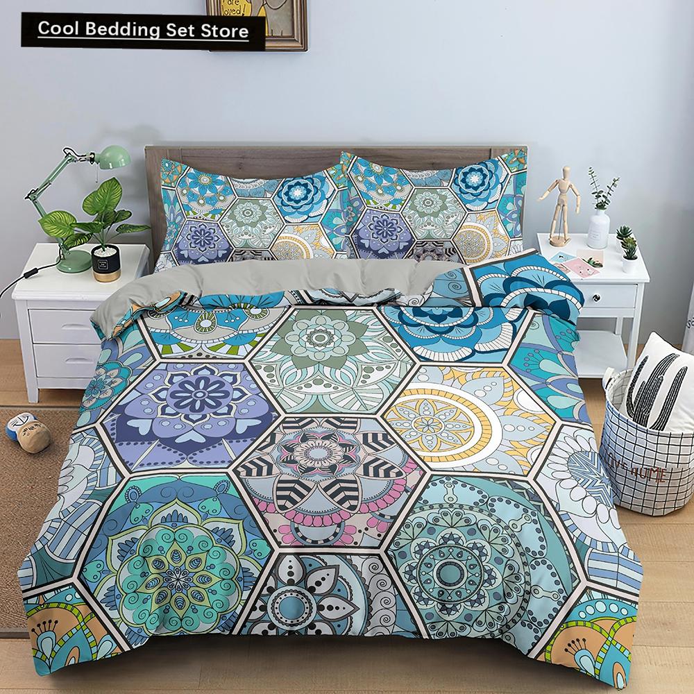 Geometric Mandala King Queen Duvet Cover Boho Ethnic Style Bedding Set for Teens Adults Mediterranean Soft Polyester Quilt Cover