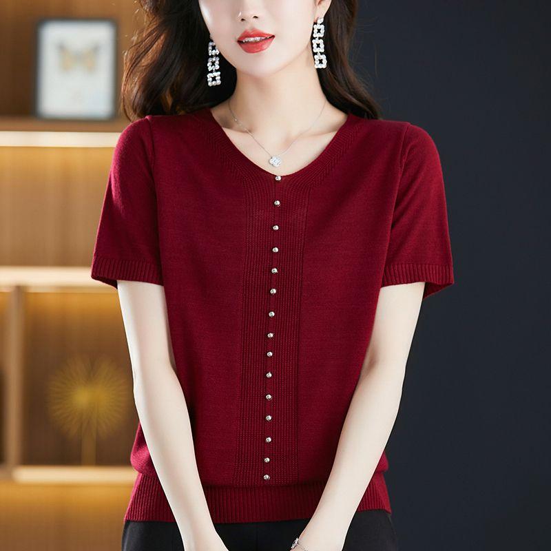 Été Nouveau T-shirt Tricoté en Soie Glacée pour Femmes Ample Col en V Manches Courtes T-shirt Haut Fin Manches Courtes