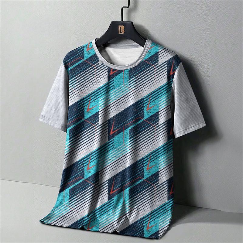 Herren Mode Gestreiftes 3D Gedrucktes T-Shirt, Sommer Outdoor Bequemes Laufshirt, Personalisiertes Lässiges Kurzarm Sportshirt