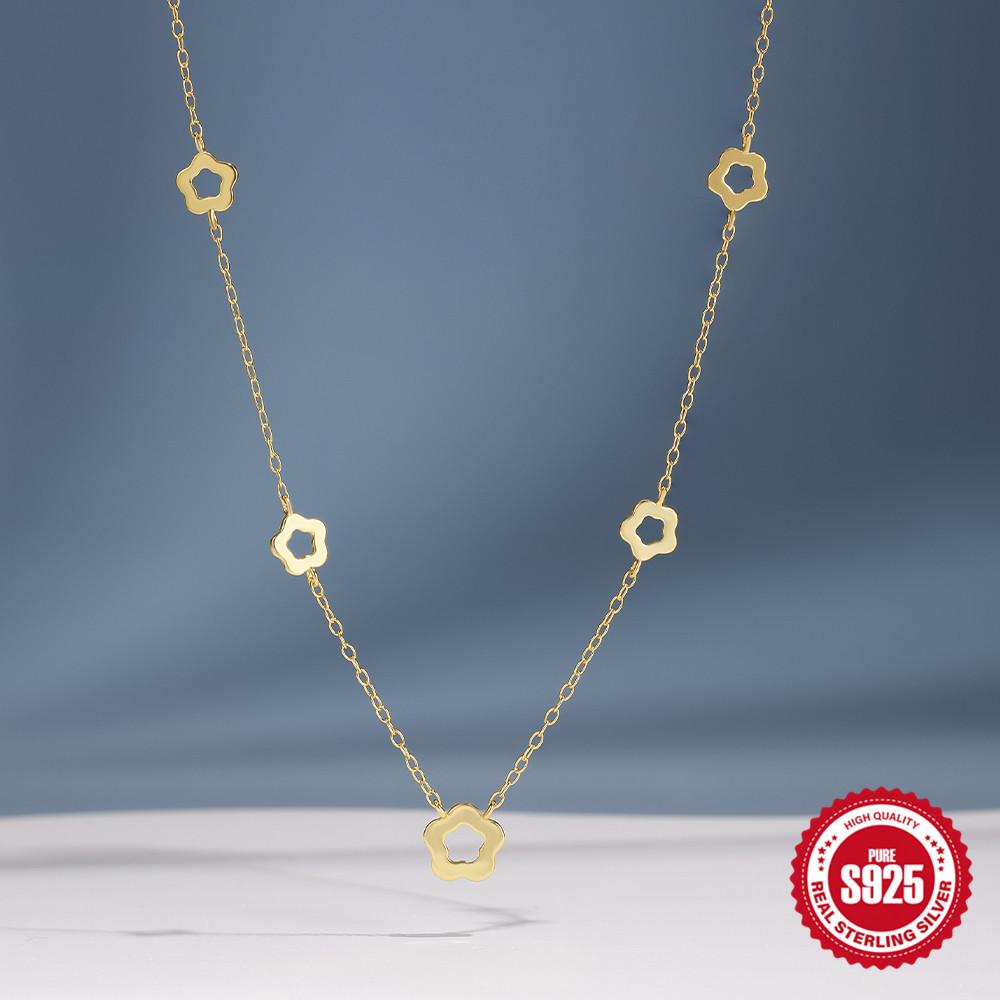 Fashion S925 Sterling Silver Five-Petaled Flower Stacked Wearing Stacked Classic Versatile Ladies Clavicle Necklace Women