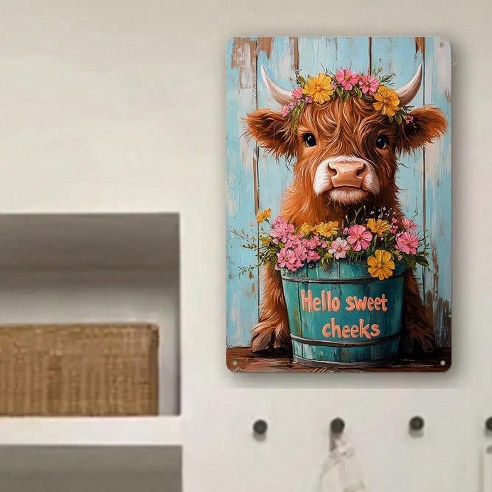 Hochlandkuh Blechschild, Rustikales Bauernhaus Wandkunst, 20x30 cm Metallschild mit Blumenmuster für Heimdekoration