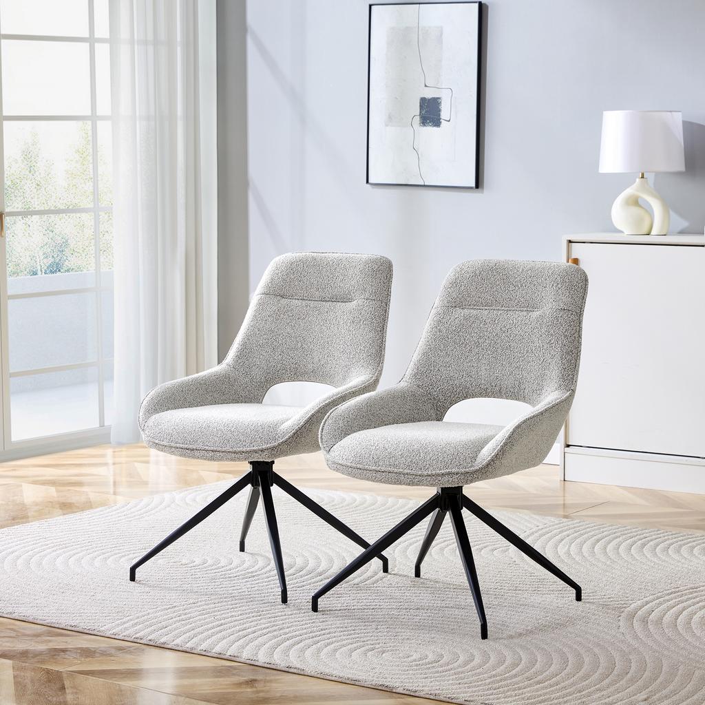 [Set of 2] 360 degrees Swivel Dining Chair in Beige-Grey Fabric: Black Lacquered Metal Frame, Four Legs, Breathable Textured, for Modern Dining Areas.