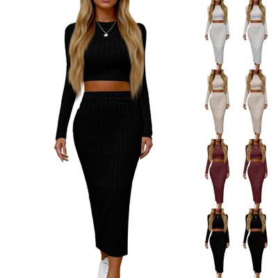 Women's Casual Fashion Round Neck Long Sleeve Bodycon Skirt Set