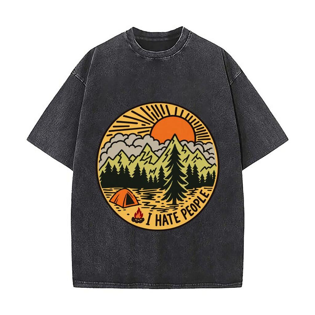 I Hate People Mountain Camping Sunset Graphic Washed Short Sleeve Loose Streetwear Tee Hip Hop
