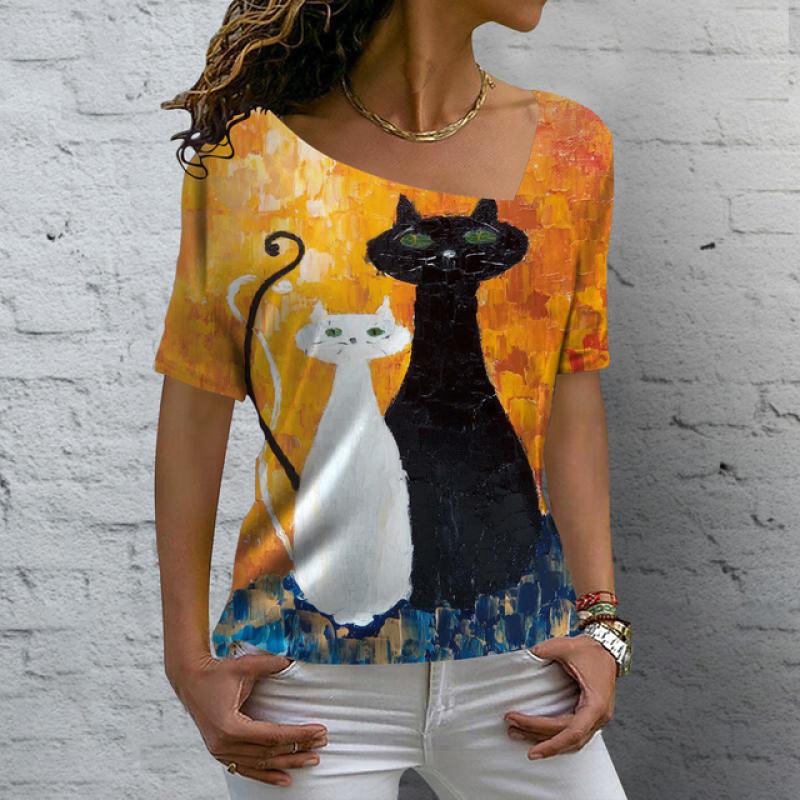 Roztomilá dámská trička Letní 3d Butterfly Cat Potisk Topy Tričko Street Denní oblečení s výstřihem do V Tričko nadměrné velikosti pro ženy Oblečení