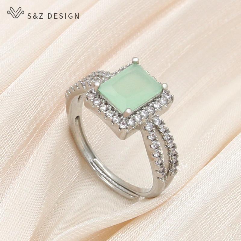 Trendy Luxury Rectangle Crystal Resizable Rings For Women Wedding Party Fashion Rose Gold Color Cubic Zirconia Jewelry Gift