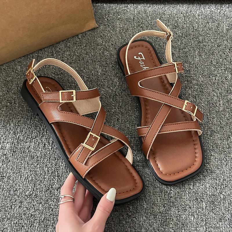 

Fashion Low Heel Roman Sandals Summer New Square Head Open Toe Metal Belt Buckle Thin Belt Soft Sole Anti-slip Wear-resistant Flat Shoes 42